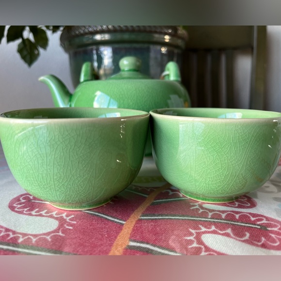 Beautiful Raku fired Green Glazed Ceramic Japanese Chinese Tea Set. NWOT - Picture 5 of 8